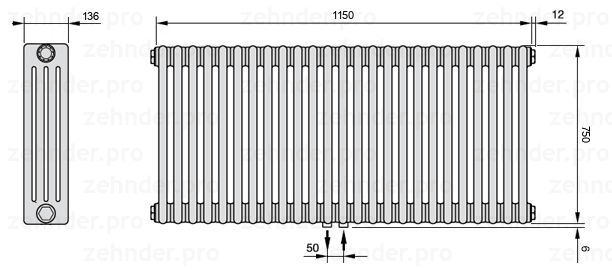 Схема (чертеж) Радиатор Zehnder Charleston 4075/25 №5410 Белый глянцевый RAL 9016